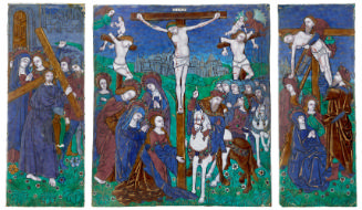 Front view of enameled polychrome triptypch depicting The Way to Calvary; The Crucifixion; The …