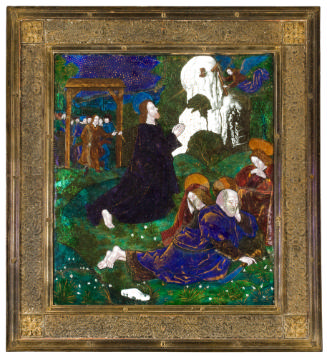 Front view of an enamel plaque representing The Agony in the Garden in its decorative frame of …