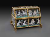 View from behind of Front view of polychrome enameled casket in a structure of gilt bronze with…