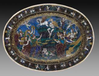 View of polychrome enameled oval dish seen from above depicting Apollo and the Muses as well as…