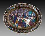 Front view of large oval polychrome enameled dish depicting the Last Supper