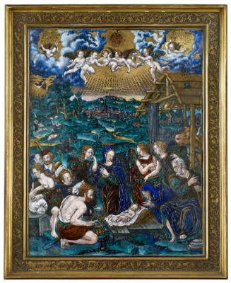 Front view of polychrome enamel plaque depicting the Adoration of the Shepherds