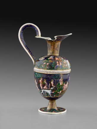 Side view of polychrome enamel ewer depicting the Triumph of Bacchus and the Triumph of Diana