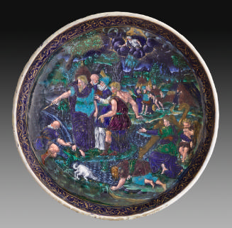 View from above of polychrome enamel cup with Moses Striking the Rock
