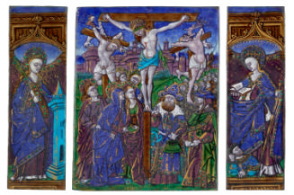 Front view of polychrome enamel Triptych depicting The Crucifixion; Saint Barbara; Saint Cather…