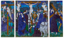 Polychrome enamel Triptych representing The Way to Calvary; The Crucifixion; The Desposition