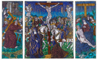 Front view of polychrome enamel Triptych representing The Way to Calvary; The Crucifixion; Piet…