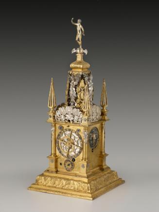 Three-quarter frontal view of Table Clock with Astronomical and Calendrical Dials, lavishly dec…