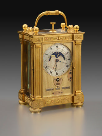Three-quarter front view of Carriage Clock with Calendar in a neoclassical gilt bronze case 