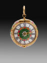 Frontal view of Pendant Watch with enamed dial framed in gilt bronze
