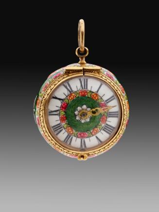 Frontal view of Pendant Watch with enamed dial framed in gilt bronze