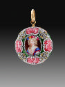 Image of reverse side of pendant watch with the portrait of a young lady in the center framed b…
