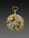 Reverse view of pocket watch depictiing an enameled rose framed by two carnations