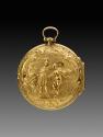 Image of reverse side of pocket watch with an elaborate chased scene containing two male figure…