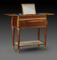 Table with Trellis Marquetry and gilt bronze mounts, top open to show mirror