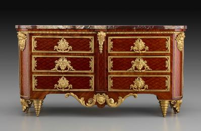 Commode with six drawers, gilt bronze mounts, and Trellis Parquetry 