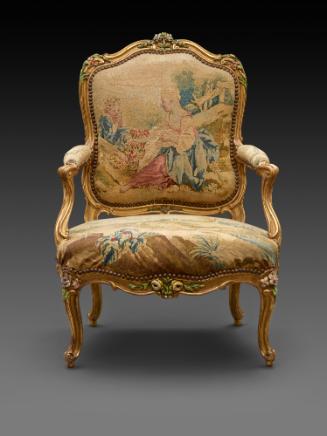 Front view of Armchair with Gilt and Polychrome Frame and Beauvais Tapestry Cover Showing Pasto…