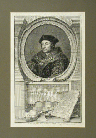 Black and white print in a green-gray mat of an oval portrait of Sir Thomas More on a stone bas…