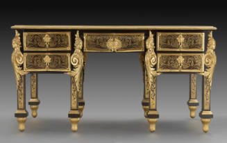 Front view of Boulle Kneehole Desk with marquetry of pewter, gilt brass and tortoiseshell and l…