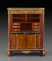 Secrétaire with Pictorial and Trellis Marquetry, open to show drawers and shelves