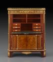 Secrétaire with Pictorial and Trellis Marquetry, open to show drawers and shelves