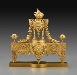Gilt bronze Andiron with Flaming Tripod Cassolettes (One of a Pair)