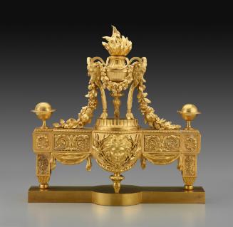 Gilt bronze Andiron with Flaming Tripod Cassolettes (One of a Pair)