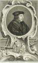 Black and white ink portrait of man in oval frame, with figures below