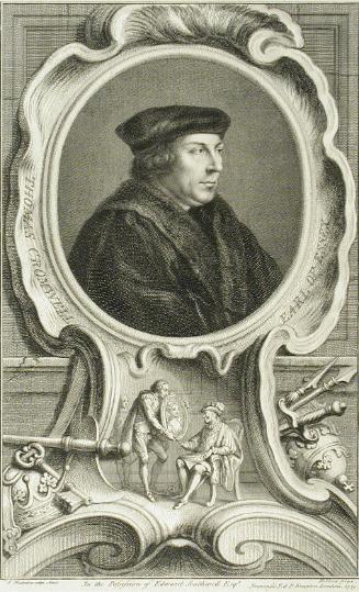 Black and white ink portrait of man in oval frame, with figures below