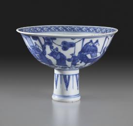 Blue and white porcelain stemed bowl with figural decoration.