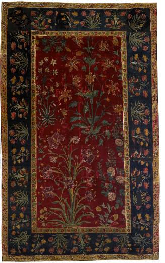 Dark red and dark blue rectangular Indian rug with floral design