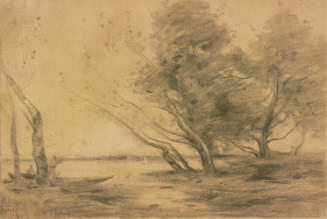 Charcoal landscape drawing of a pond surrounded by windswept trees with two men in a boat in th…