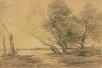 Charcoal landscape drawing of a pond surrounded by windswept trees with two men in a boat in th…