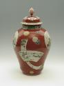 Alternate view of porcelain covered jar with famille rose decoration