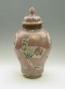 Alternate view of porcelain covered jar with famille rose decoration