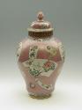 Alternate view of porcelain covered jar with famille rose decoration