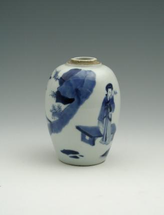 White hard-paste porcelain jar with underglaze blue figural decorative