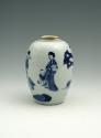 White hard-paste porcelain jar with underglaze blue figural decorative, alternative view