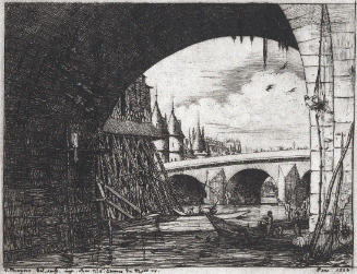 Black and white etching of the arch of a bridge, with a second bridge visible beyond it and bui…