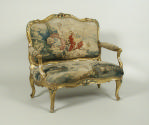 Alternate view of Louis XV sofa with a structure of carved, gilt and polychrome painted wood up…