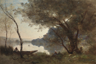 oil painting of a landscape with a pond, canoe, trees, and people