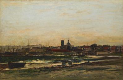 oil painting of a harbor with boats and a city skyline 