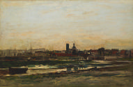 oil painting of a harbor with boats and a city skyline 