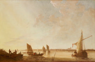 Oil painting of landscape with boats on a river