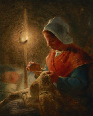 oil painting of a woman wearing a white bonnet and a red shawl, sewing by candlelight, and sitt…