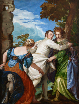 oil painting of a man in a white satin costume between two women in a landscape