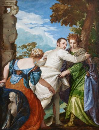 oil painting of a man in a white satin costume between two women in a landscape