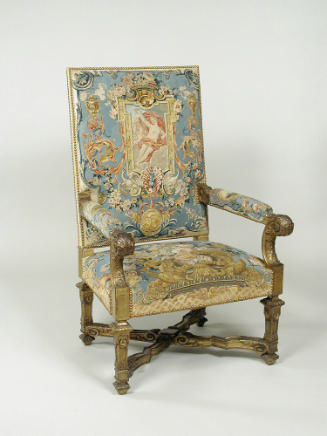Armchair Showing Grotesque Compositions on Beige or Blue Grounds (Part of a Set of One Canapé a…