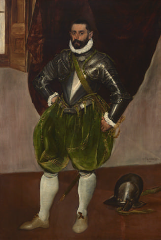 oil painting of Vincenzo Anastagi dressed in half-length armor and dark yellow-green velvet bre…