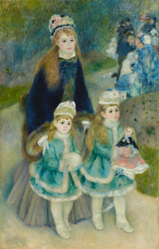 oil painting of a woman walking behind two young girls on a promenade; the young girls wear lig…